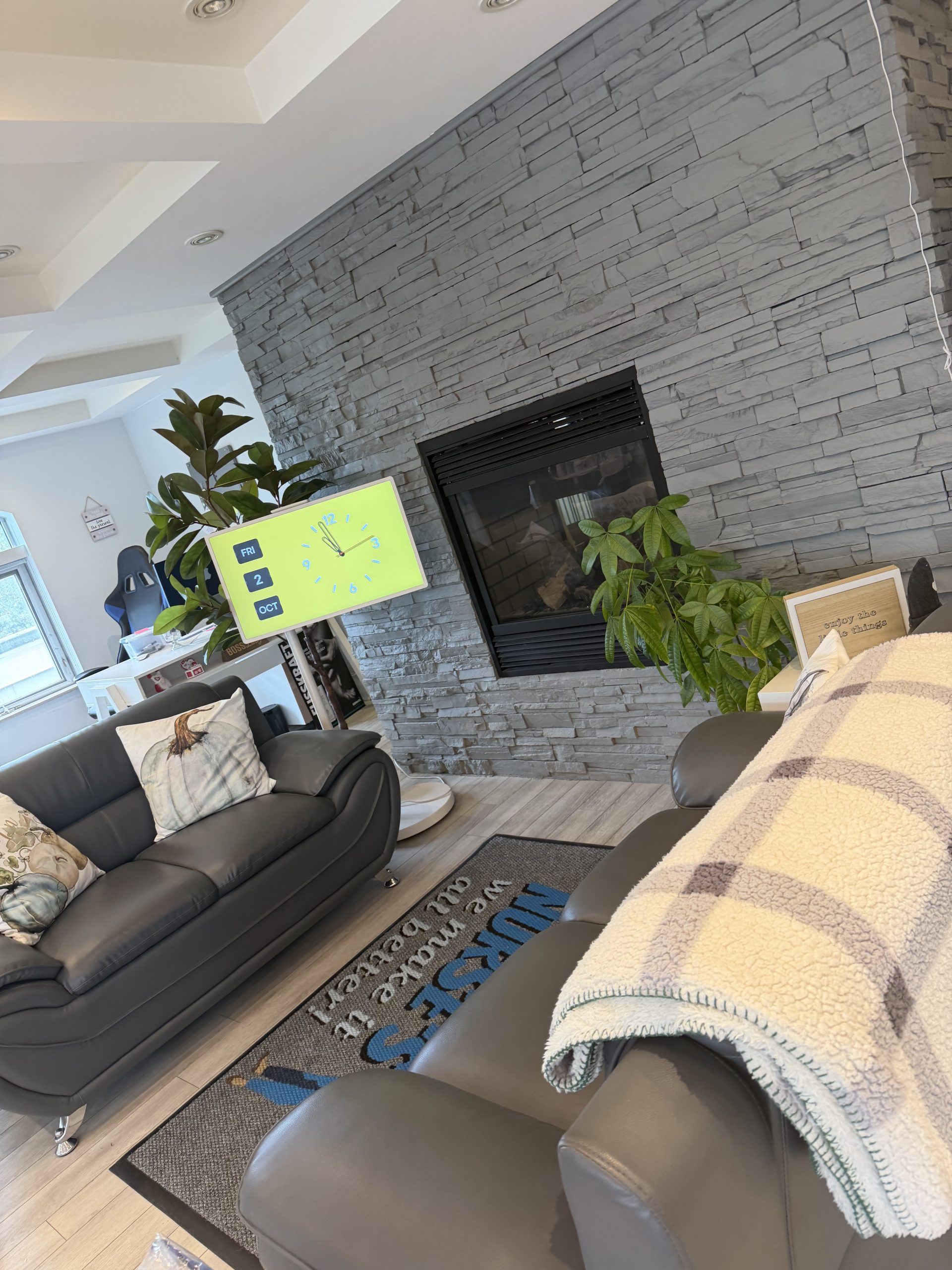 TiredSole™ waiting area with sofas, plants and a stone fireplace