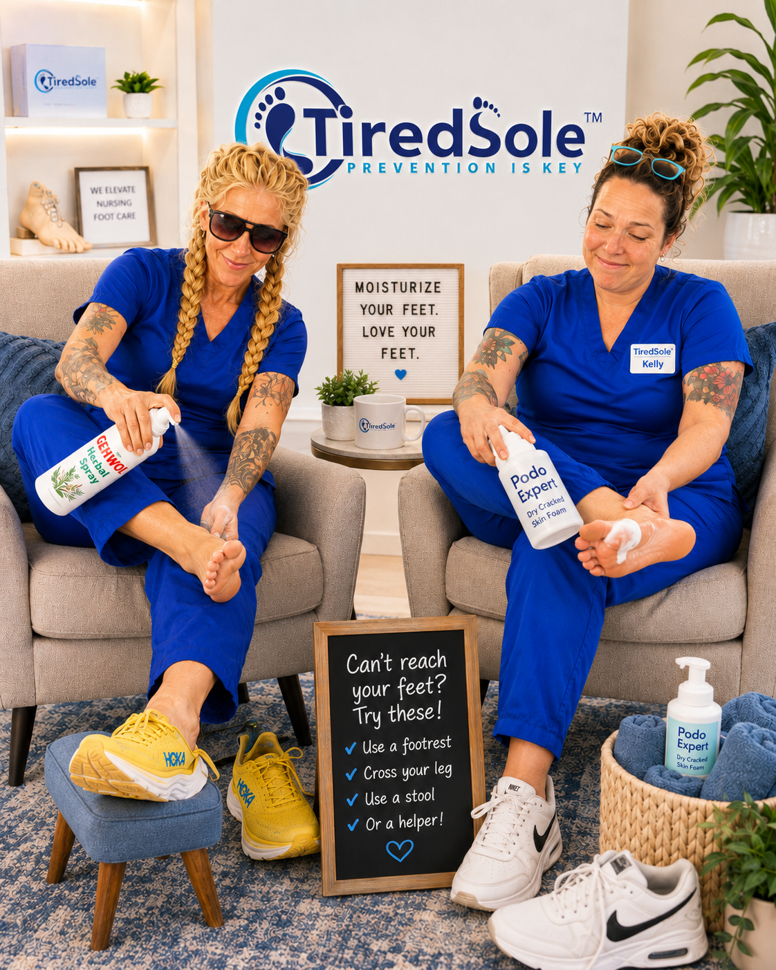 TiredSole™ promotional image of two nurses with foot-care products