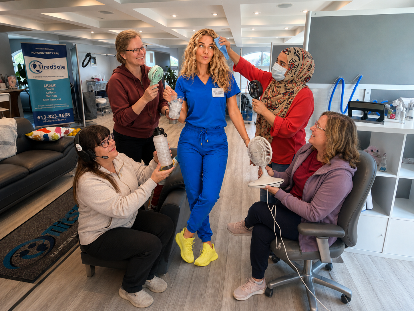 A playful TiredSole™ clinic scene with colleagues helping Lisa keep cool
