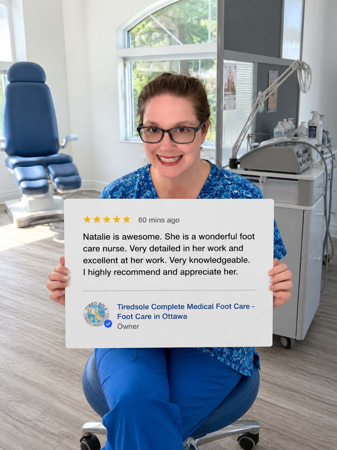Shared testimonial graphic praising Nathalie’s detailed foot care