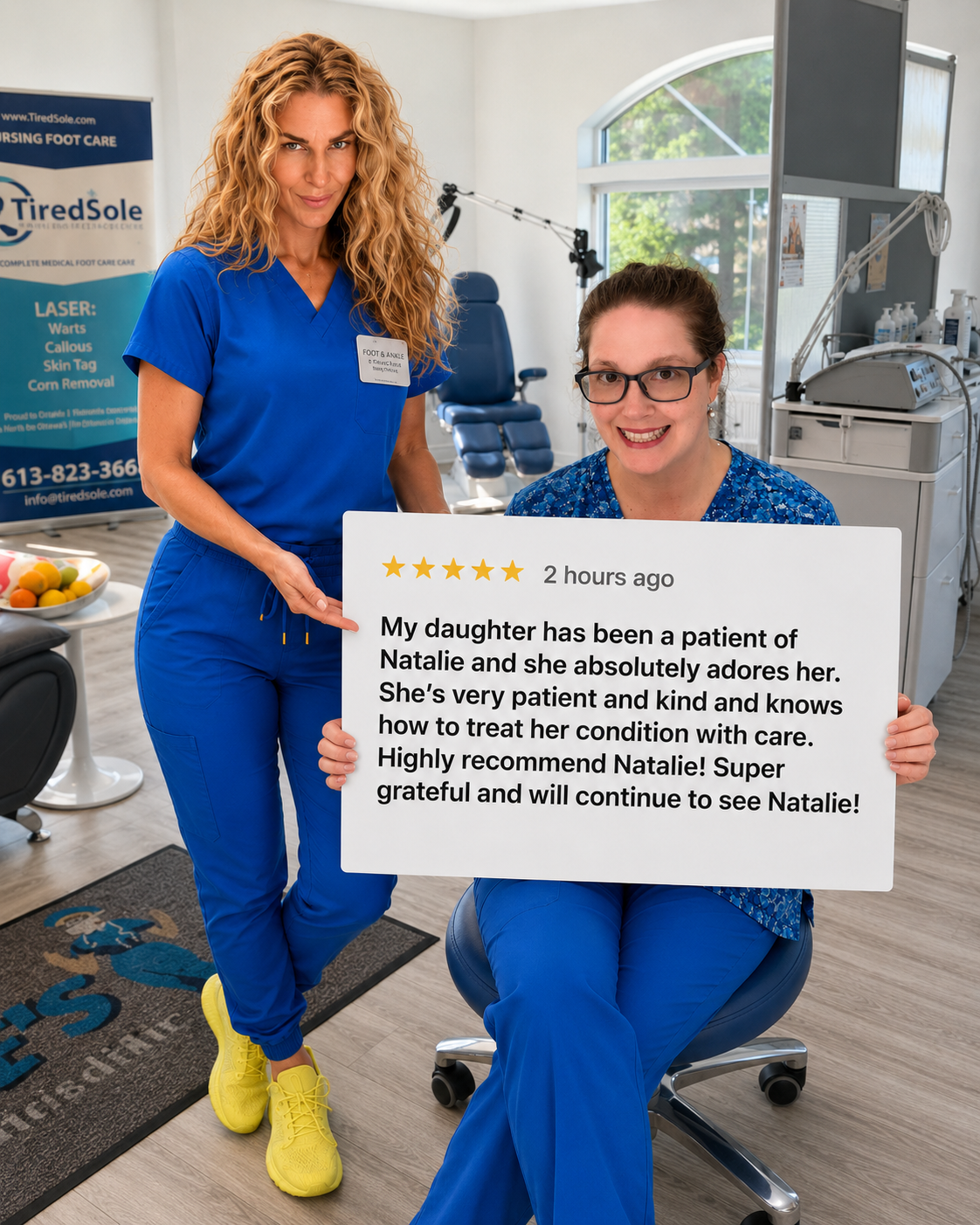Shared testimonial graphic praising Nathalie’s patient and kind care